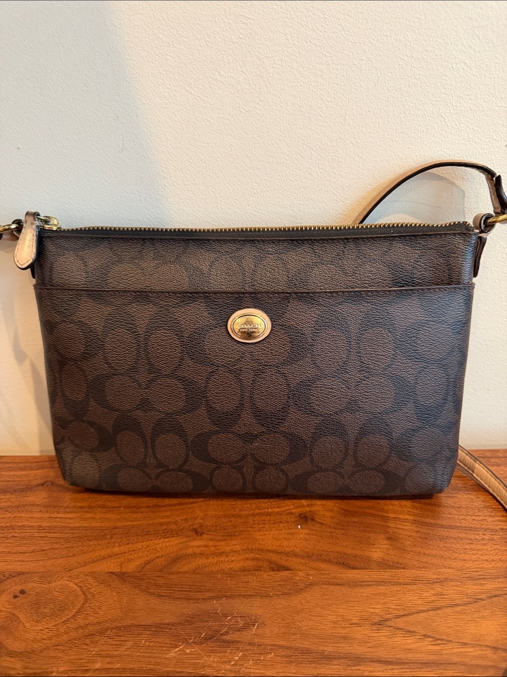 Coach Brown Peyton Signature EW Logo Crossbody with Gold Accent